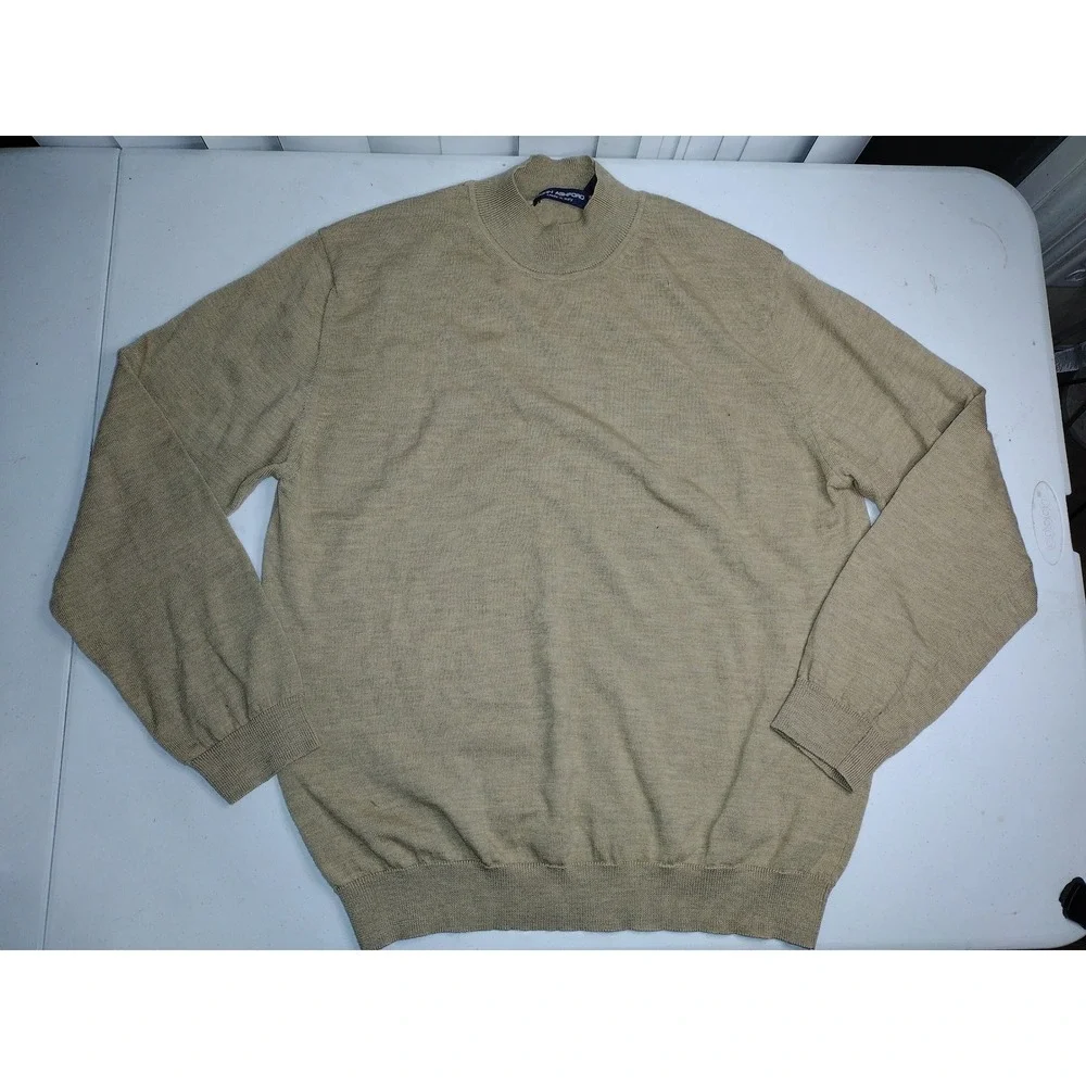 John Ashford Mens Tan 100% Extra Fine‎ Merino Wool Mock Neck Sweater Italy Large